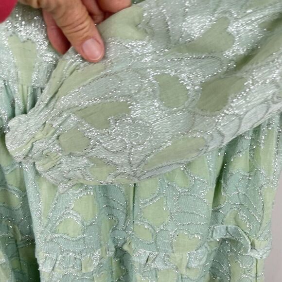 Roller Rabbit Clermont Nori Dress Size Small Mint Green Silver Shimmer Tiered - Picture 9 of 16